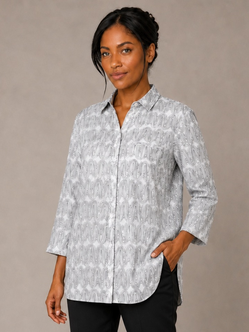 Lafayette 148 New York Linen Abstract Wave Button-Up Shirt White Gray XL